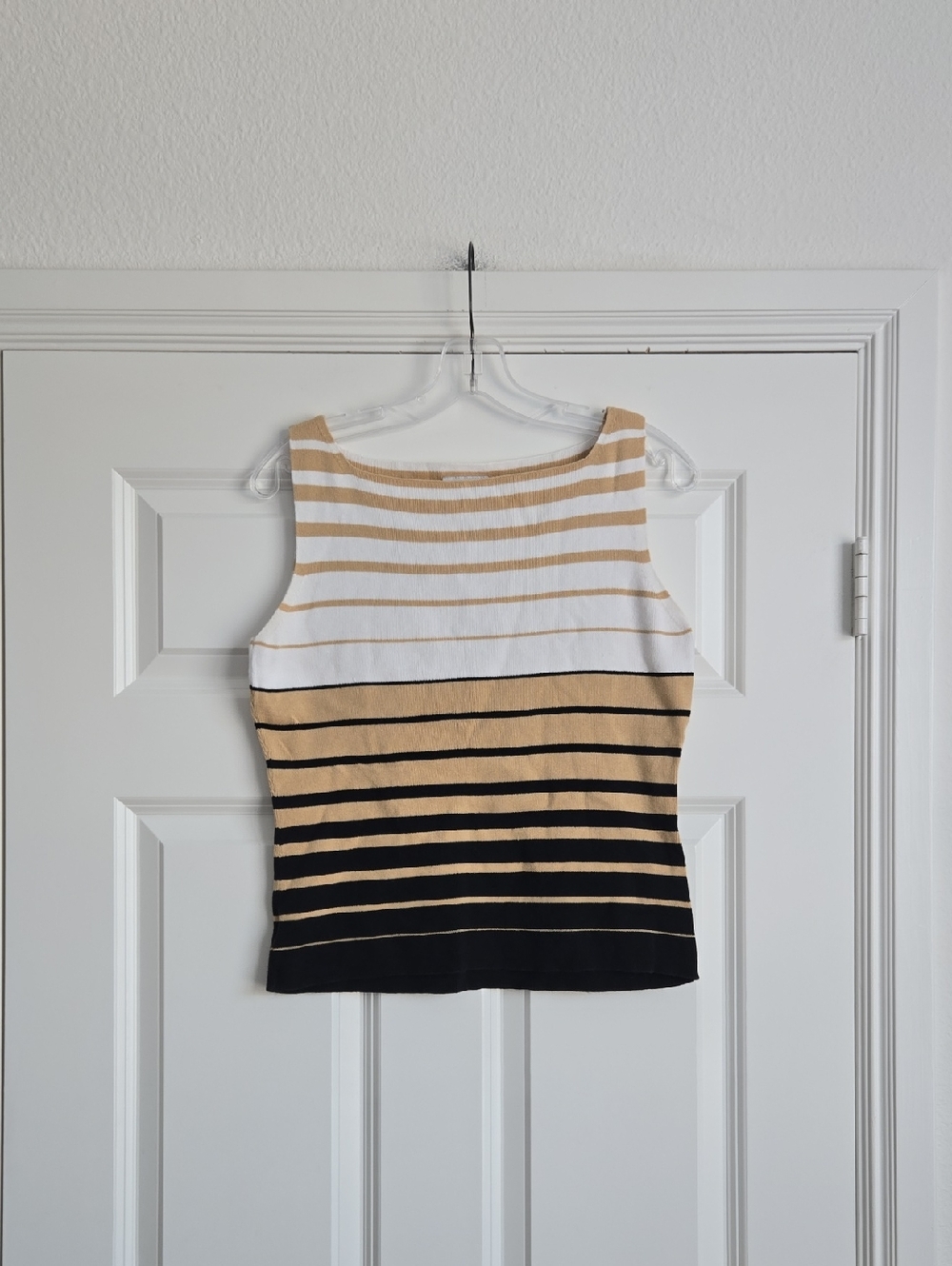 Striped Sleeveless Knit Top in White, Tan & Black